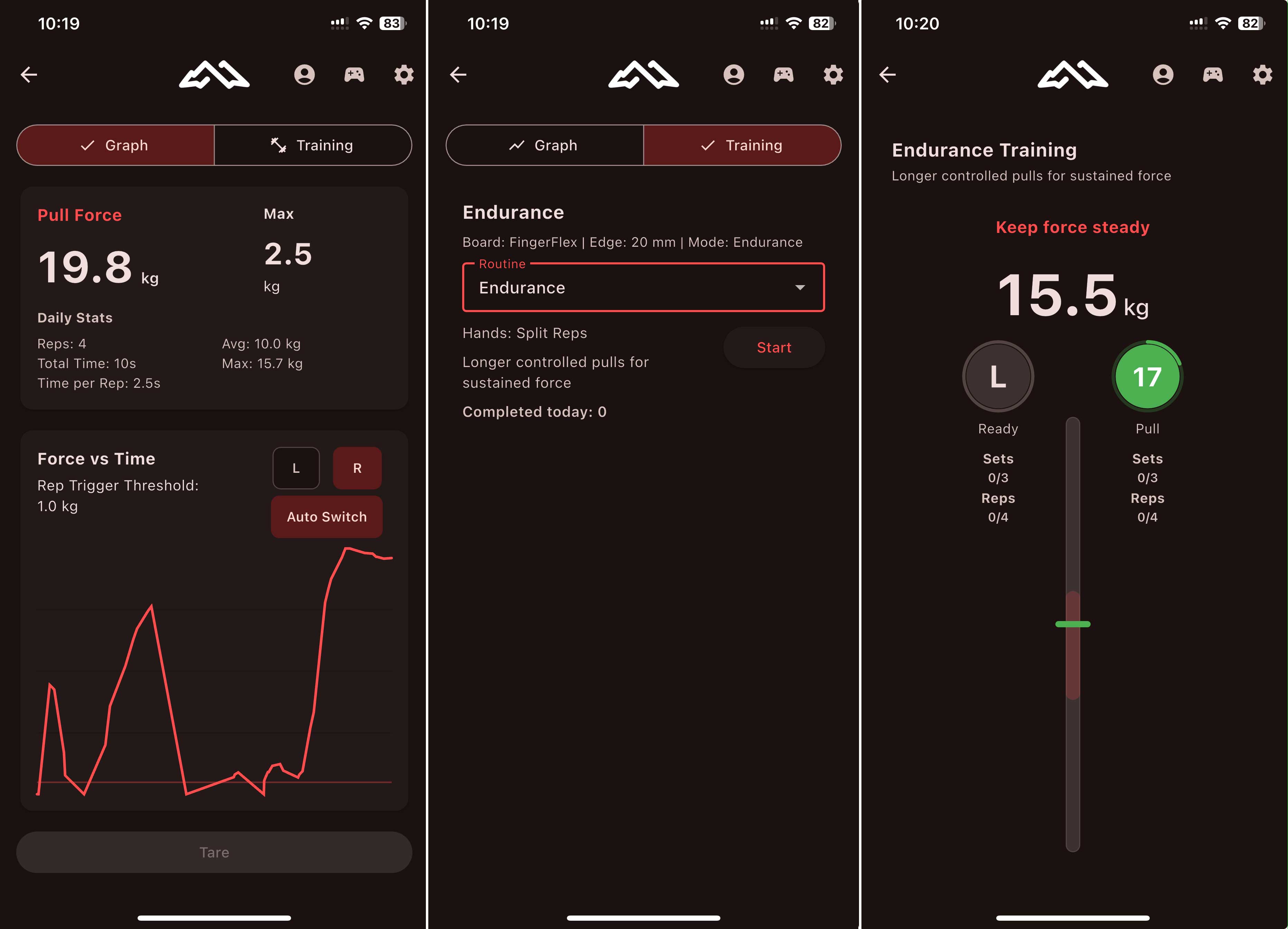 PeakForce live force chart and guided training screens